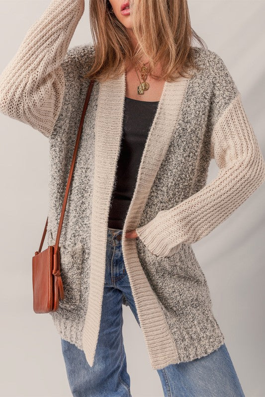 Colorblock Open Front Pocketed Cardigan from women’s boutique, perfect for trendy women’s clothing and casual dresses for women.