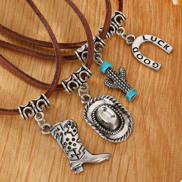 Western Style Four-Layered Charm Necklace showcasing rustic charms, ideal for women’s fashion at a women’s boutique.