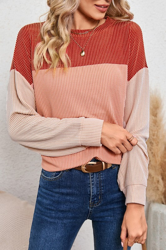 Ribbed color block tunic top for women's boutique fashion