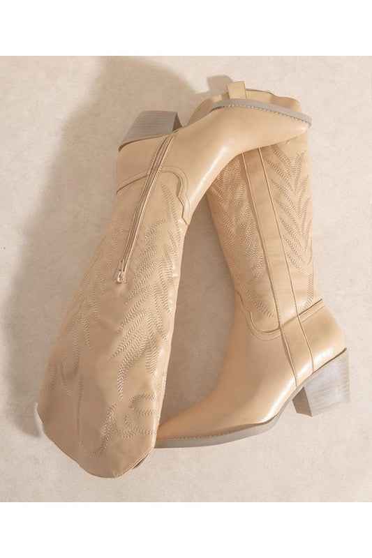 SAMARA-EMBROIDERY WESTERN KNEE HIGH BOOTS in beige color.