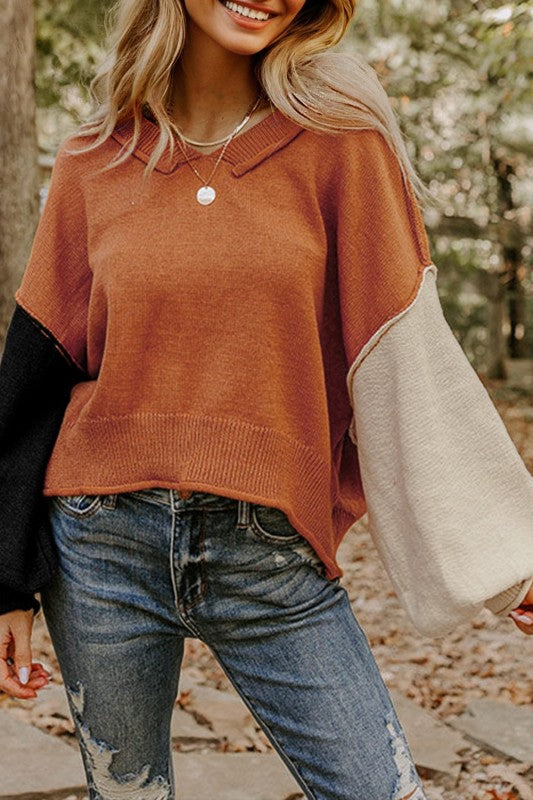 Colorblock Raw Edge Bubble Sleeve V-Neck Sweater at women’s boutique