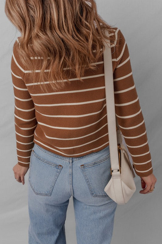Back view of woman wearing a Stripe Tie-Front V-Neck Cardigan Sweater with casual jeans, perfect for women’s boutique fashion.