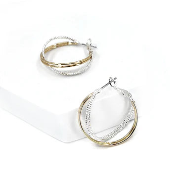 Gold with Silver Rhinestone Interlocking 1" Hoop Earring - Evergrace by Cestlavie at women’s boutique