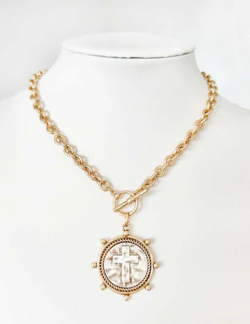 Worn Gold Chain with Stamped Cross Coin Charm 16"-18" Necklace - Evergrace by Cestlavie - boutique jewelry