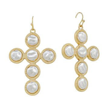 Gold Flat Coin Pearl 1.5" Cross Earring - Evergrace by Cestlavie - women's boutique jewelry
