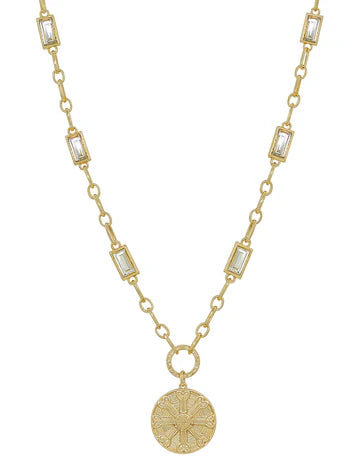 Gold with Clear Rectangle Crystal Chain and Gold Hammered Coin 16"-18" Necklace - Evergrace by Cestlavie, boutique jewelry