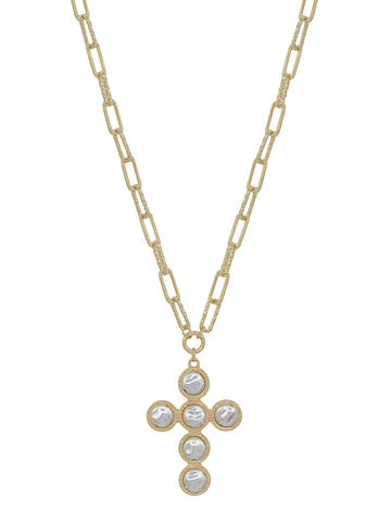 Gold Textured Chain with Pearl Flat Beaded Cross 16"-18" Necklace - Evergrace by Cestlavie - Women’s boutique jewelry.