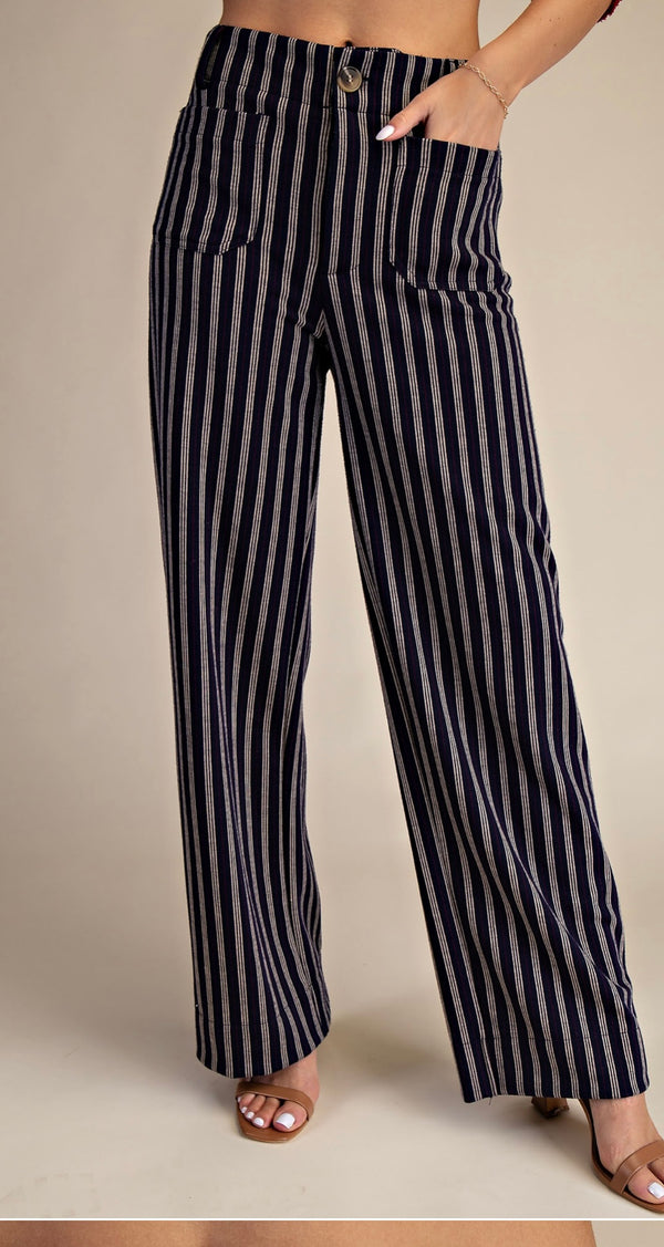 Full-Length Wide-Leg Pants from a women’s boutique in stylish stripes, perfect for elegant and casual occasions.