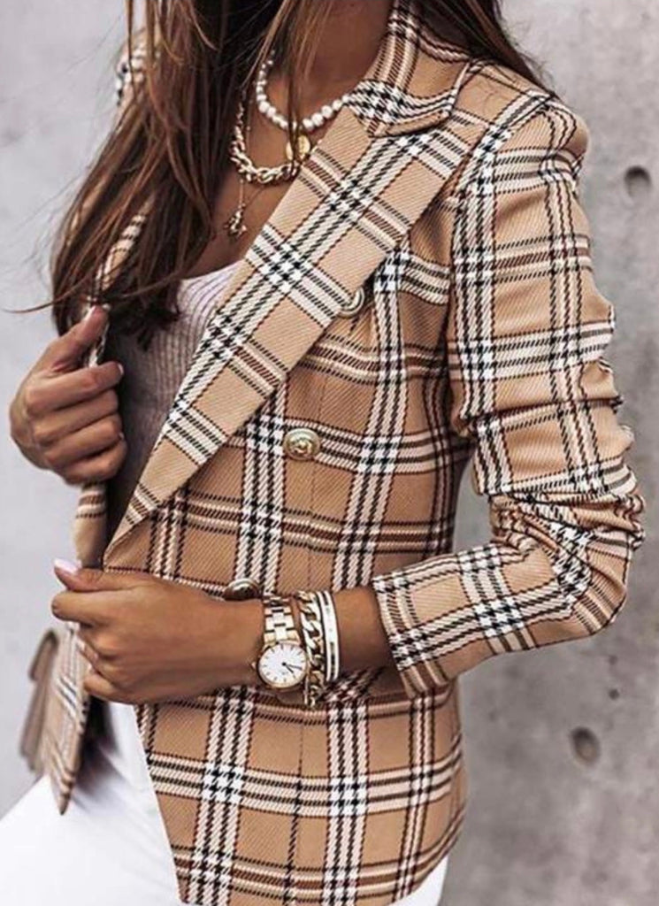 Casual Blazer for Women Plaid Print Slim Long Sleeves Notched Tweed Coats Fall Winter Vintage Single Button Office Lady Jacket