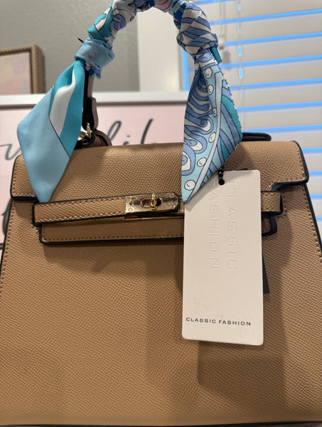 Handheld Beige Tote Purse with Mini Neck Scarf - Evergrace by C'estlavie, stylish accessory for women's fashion boutique.