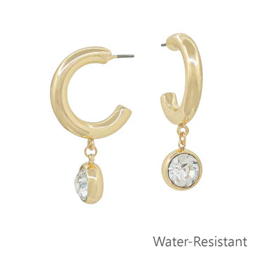 Water Resistant 1.5" Hoop Earring with Circle Crystal Drop - Evergrace by Cestlavie, boutique jewelry for women’s fashion boutique.