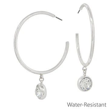 Water Resistant 2" Silver Hoop Earring with Circle Crystal Drop - Evergrave by Cestlavie, boutique jewelry for women's fashion boutique.