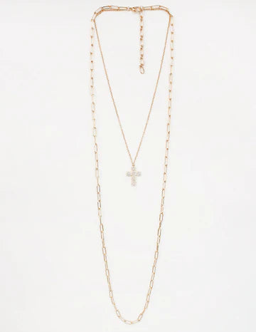 Gold Layered 32" Chain with Rhinestone Cross 18" Necklace- Stocked as Evergrace by Cestlavie