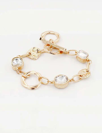 Gold Textured Open Circles with Clear Stone Bracelet - Evergrace by Cestlavie, boutique jewelry for women's fashion.