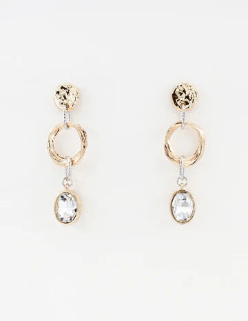 Gold Hammered Coin with Open Circle and Clear Rhinestone 2" Drop Earring - Evergrace By Cestlavie at women's boutique.