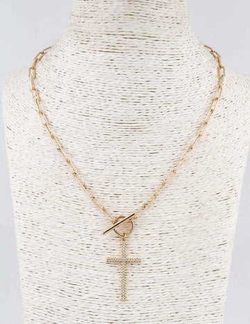 Gold Open Chain with Toggle and Rhinestone Cross 18" Necklace - Evergrace by Cestlavie