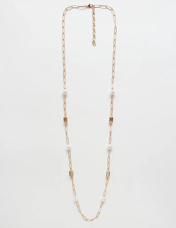 Gold Textured Chain with Clear Crystal and Pearl 32" Necklace - Evergrace By Cestlavie - boutique jewelry