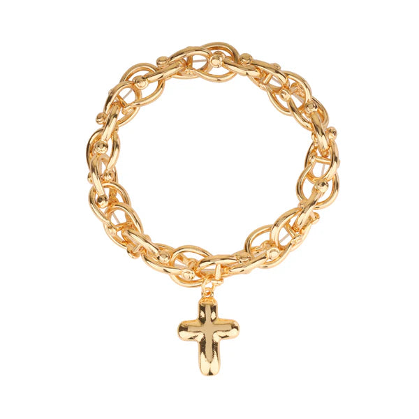 Gold Layered Metal Stretch Bracelet with Cross Charm Bracelet - Evergrace by Cestlavie, boutique jewelry for women.