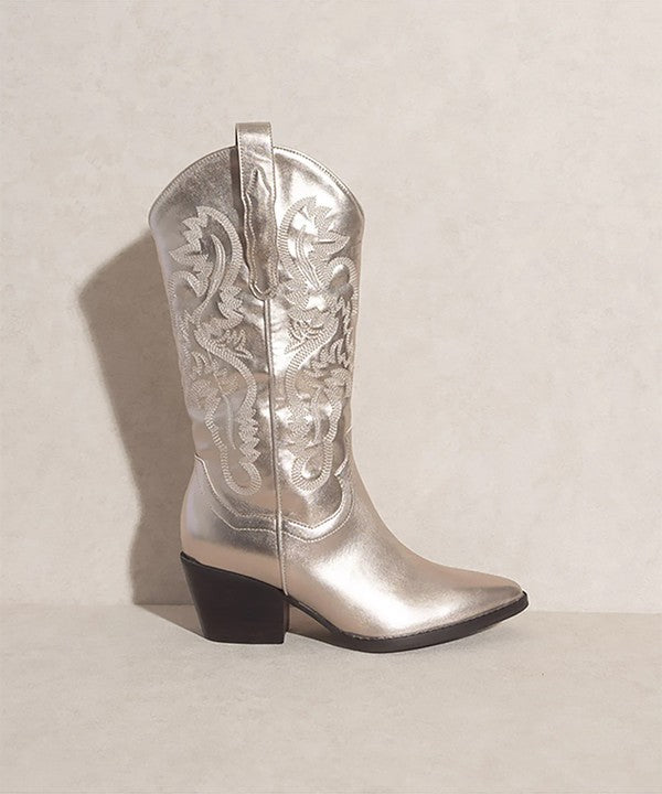 AMAYA-CLASSIC WESTERN BOOTS in metallic finish for women’s boutique fashion.