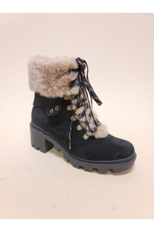 VINI-FUR COMBAT BOOTIES, stylish women's boots with faux fur, lace-up closure, from a women's fashion boutique.