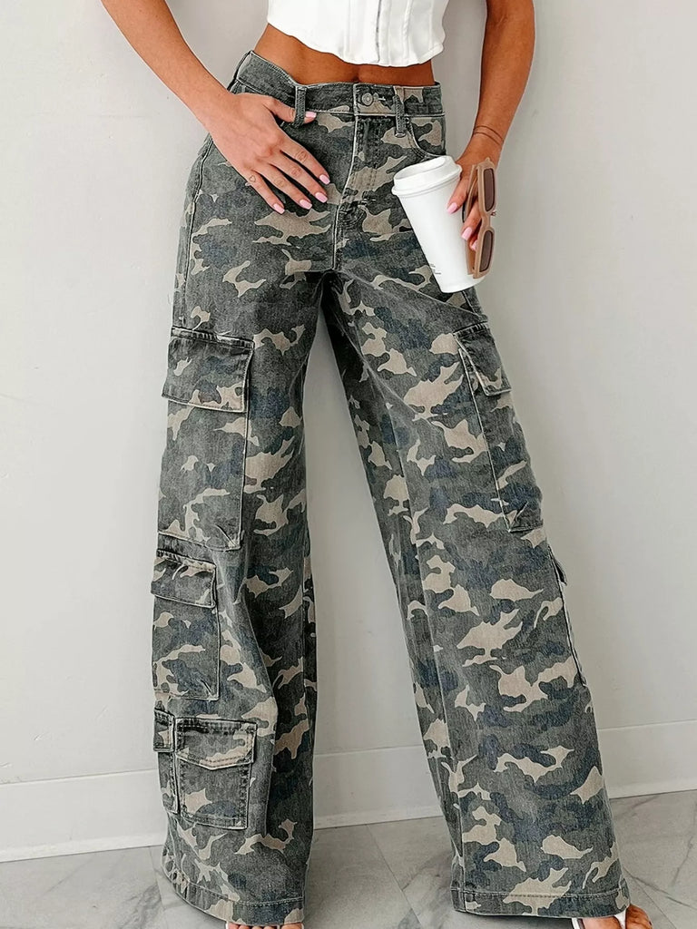 Camo Print Wide Leg Cargo Jeans for women’s boutique, embodying trendy women’s clothing and stylish women’s dresses.