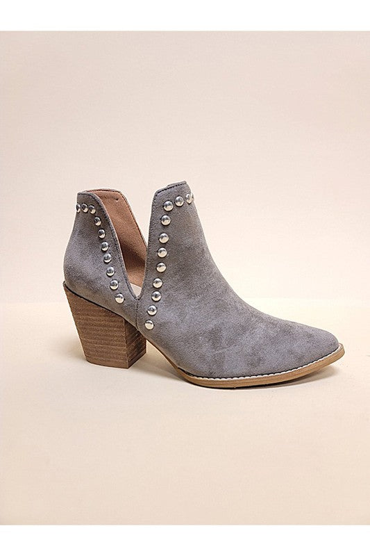 MISTY-106-STUD ANKLE BOOTIES in gray suede with stud embellishments for women’s boutique fashion.