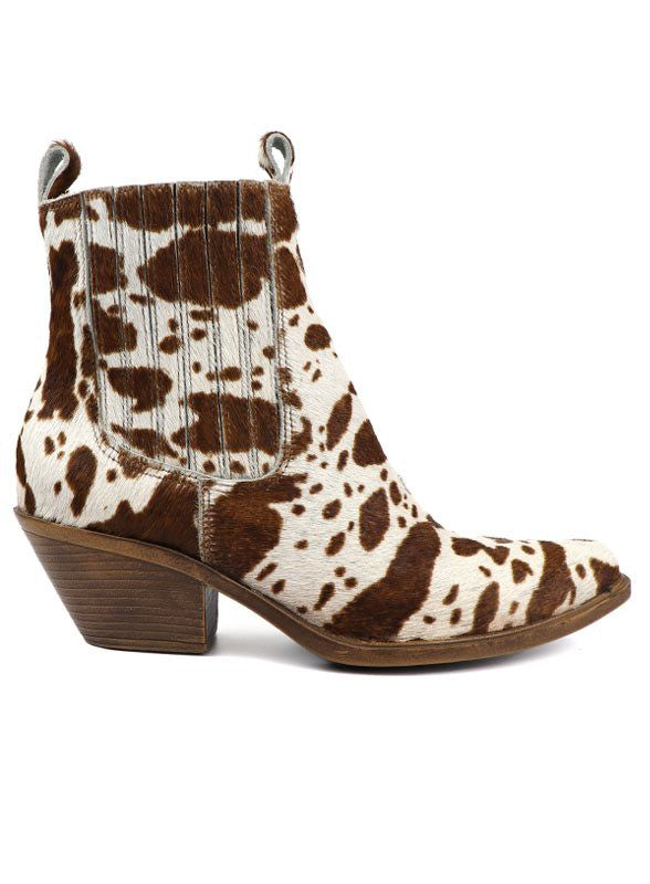 Chelsea Western Fashion Bootie featuring a stylish cow print design, perfect for women's boutique fashion and elegant casual wear.