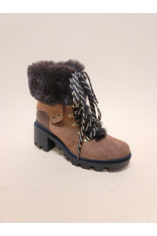 VINI-FUR COMBAT BOOTIES in soft suede with faux fur and lace closure, perfect for trendy women's fashion at a women's boutique.