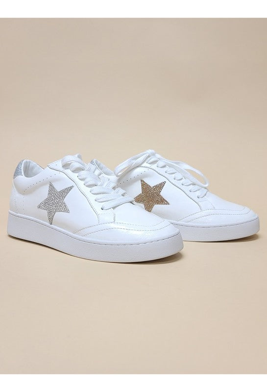 AUTUMN-CLASSIC SNEAKERS in white with rhinestone star embellishment, perfect for trendy women’s clothing from the women’s boutique.
