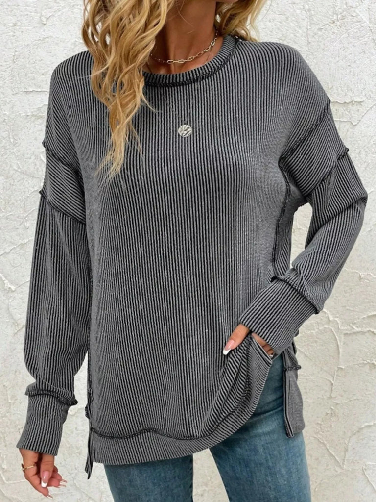Side Slit Round Neck Dropped Shoulder Sweatshirt from women's boutique, perfect for casual dresses for women and trendy ladies tops.