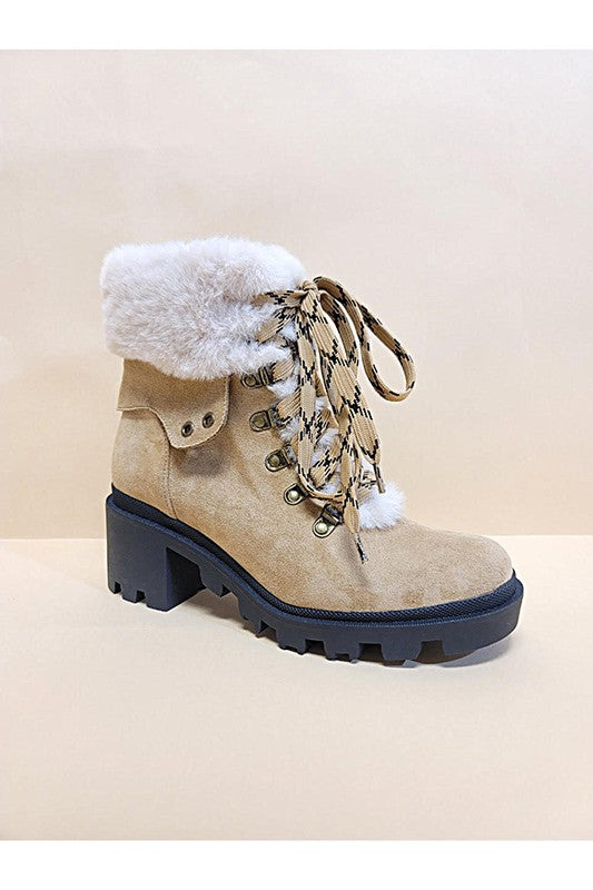 VINI-FUR COMBAT BOOTIES stylish women’s boutique faux fur lace-up block heel booties in soft suede.