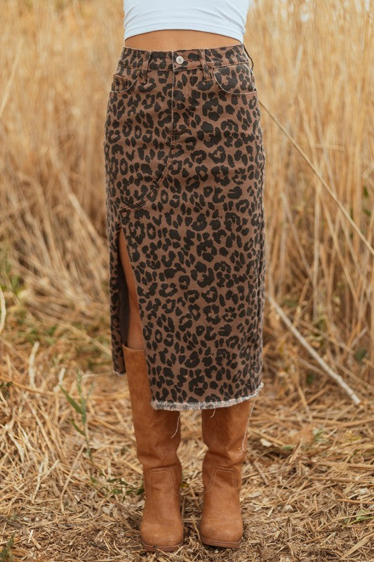 Leopard Denim Frayed Hem Midi Skirt from a women's boutique