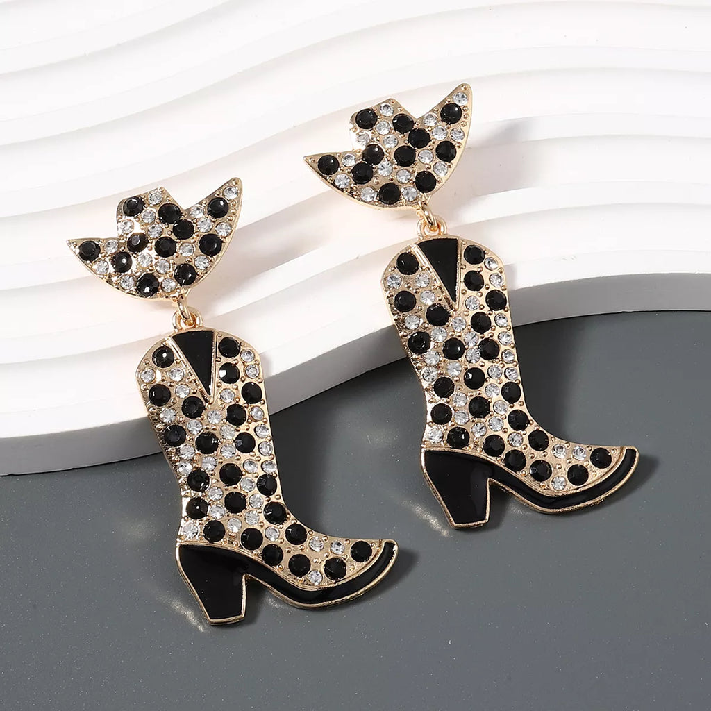 Rhinestone Cowboy Boot Dangle Earrings, trendy women’s fashion jewelry from a ladies clothing boutique.