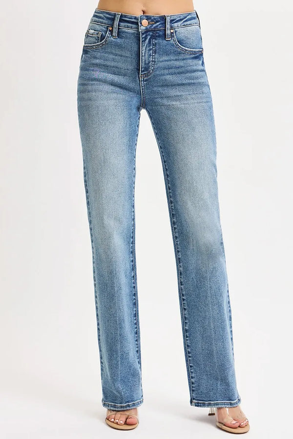 RISEN Full Size Tummy Control High Rise Straight Jeans Plus Size from a women’s boutique, featuring a light blue wash and classic design.