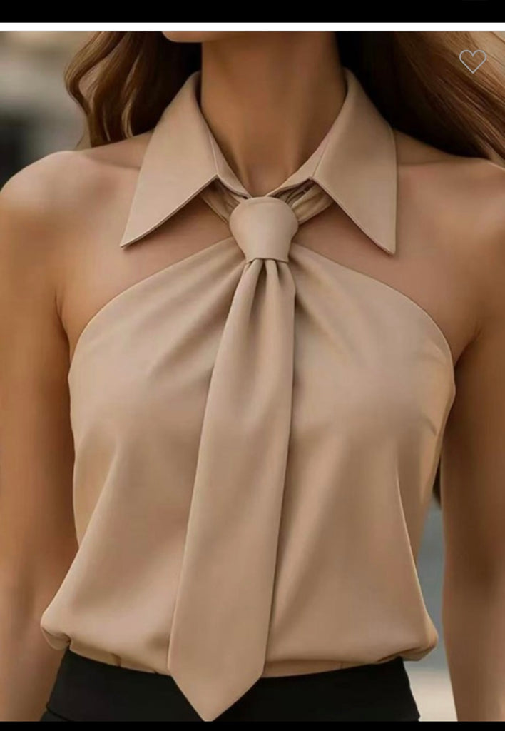 Collared Shirt With Tie Design Vest - stylish sleeveless halter blouse from women's boutique for sophisticated looks.