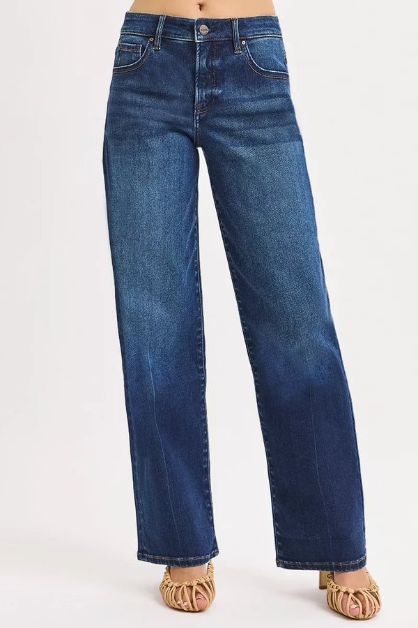 RISEN Mid Rise Wide Baggy Jeans for stylish women's boutique fashion, perfect for casual and trendy outfits.