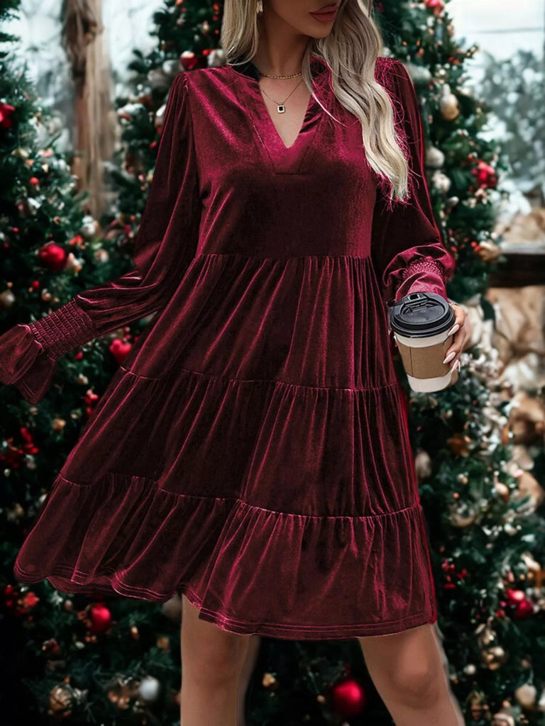 Velvet Tiered Notched Mini Dress in burgundy, perfect for women’s boutique, ladies fashion, and festive occasions.