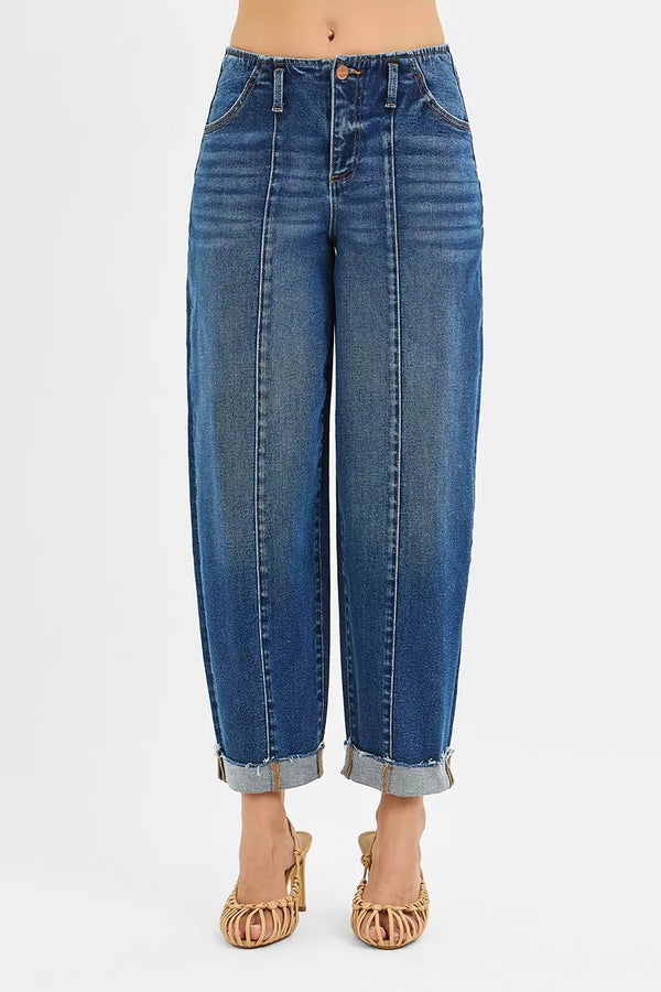 RISEN High Rise Fit Barrel Cuffed Jeans available at a women’s boutique, perfect for trendy ladies fashion and casual dresses for women.