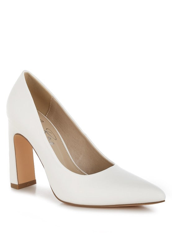 Shacarri Faux Leather Pumps in white with closed pointed toe and slim block heel, stylish women’s footwear from a women’s boutique.