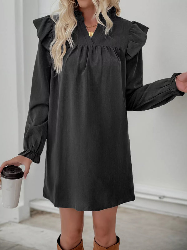 Ruffled Notched Flounce Sleeve Dress in black, a stylish option for women’s boutique, perfect for casual or elegant occasions.