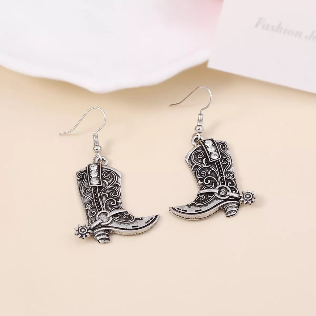 Vintage Western Cowboy Boot Dangle Earrings showcasing intricate detail, perfect for women’s boutique and modern women’s fashion.