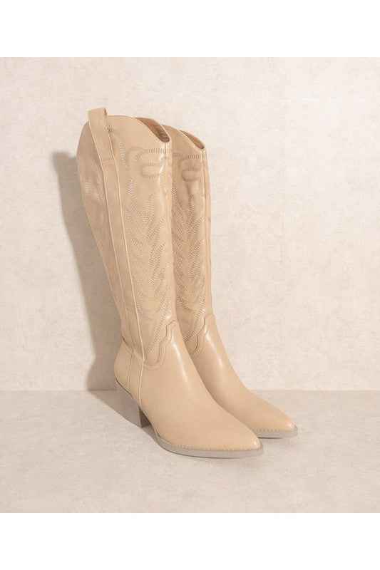 SAMARA-EMBROIDERY WESTERN KNEE HIGH BOOTS in tan color