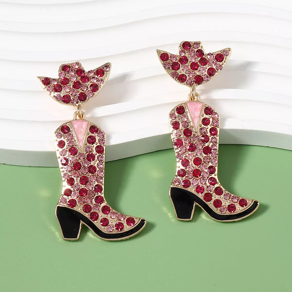 Rhinestone Cowboy Boot Dangle Earrings in trendy design for women’s boutique and modern women’s fashion.