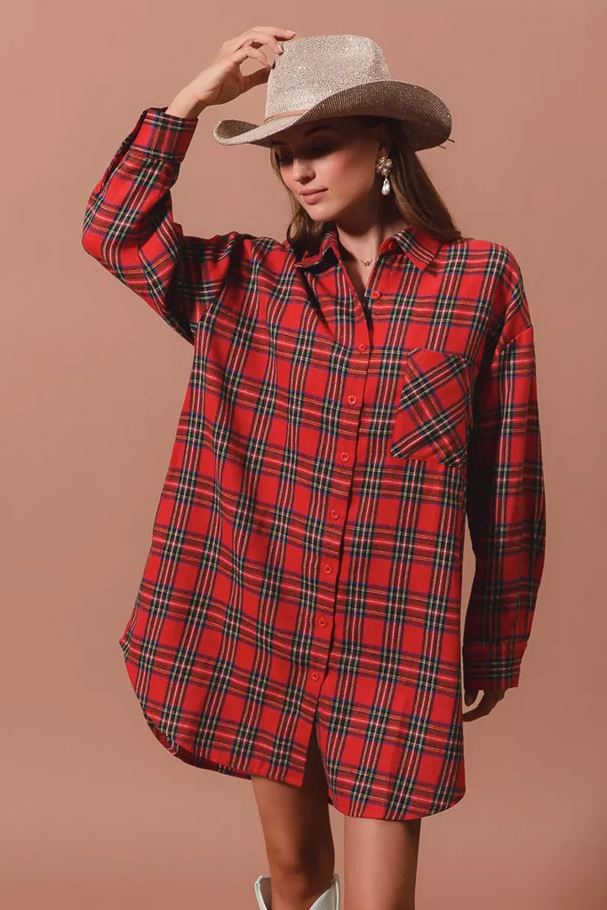 SO ME Christmas Checker Plaid Button Up Shirt Dress worn with a stylish hat, perfect for women’s boutique holiday fashion.
