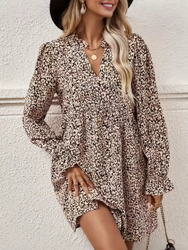 Notched Flounce Sleeve Mini Dress showcased in a stylish women's boutique, ideal for trendy ladies dresses or casual evening wear.