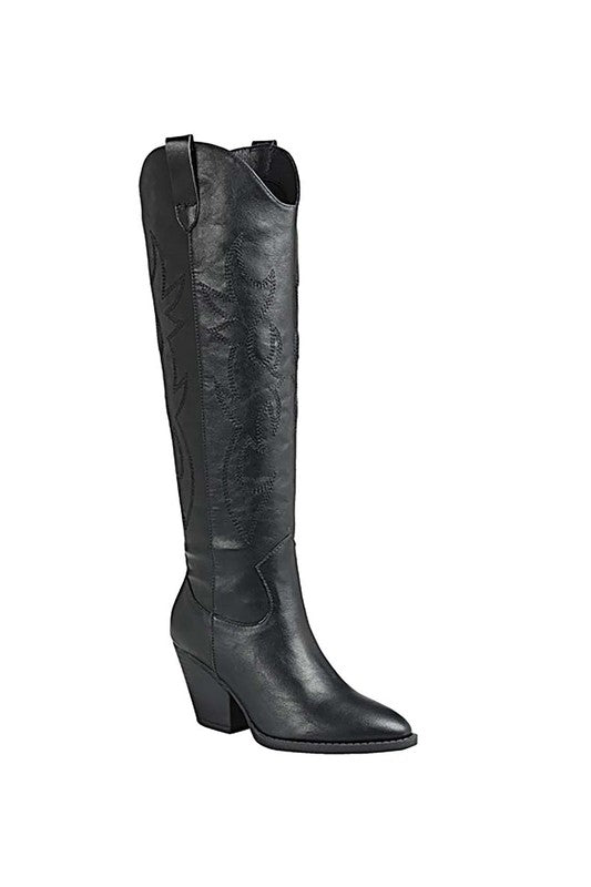 RIVER-17-KNEE HIGH WESTERN BOOT showcased with a stylish heel, perfect for casual dresses and modern women’s fashion.