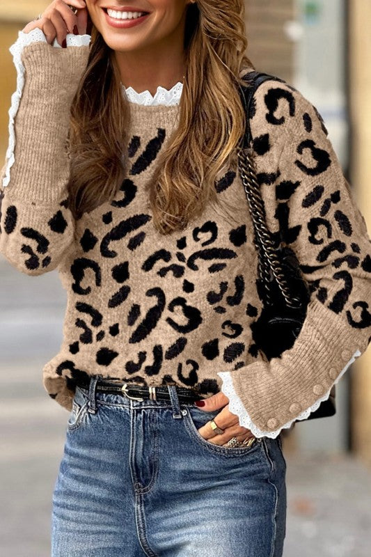 Leopard Lace Ribbed Trim Buttoned Cuff Sweater for women