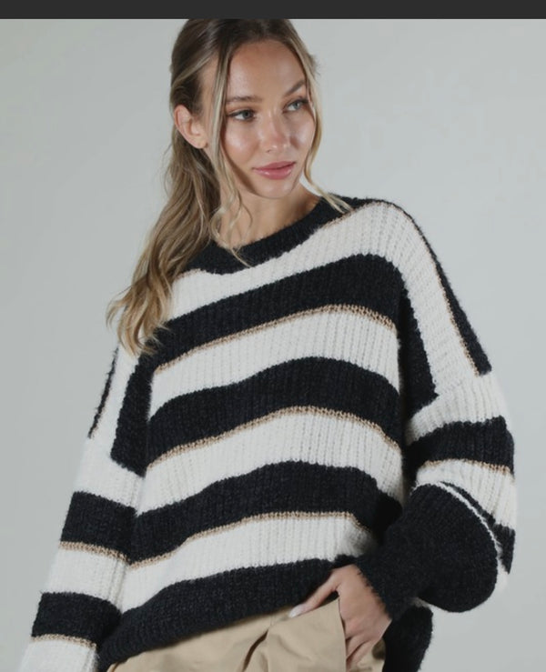 Striped With Velvet & Gold Yarn Knitted Sweater for women’s boutique, a stylish addition to women’s fashion.