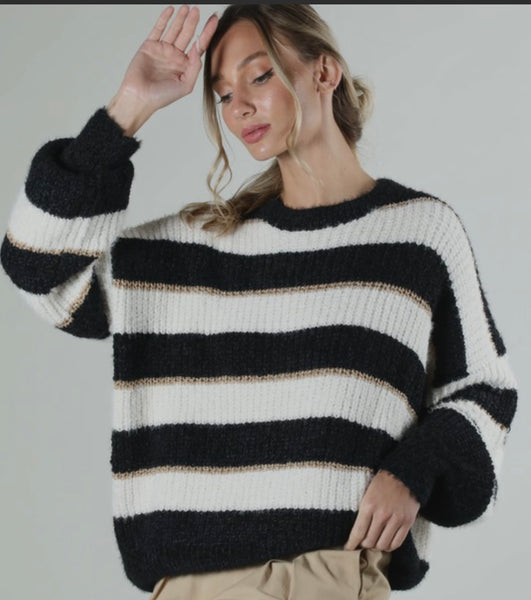 Striped With Velvet & Gold Yarn Knitted Sweater from a women’s boutique, perfect for modern women’s fashion and trendy ladies tops.