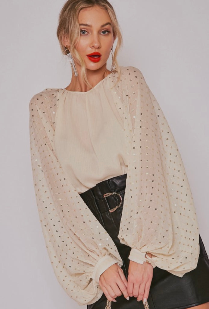 Sequin Long Balloon Sleeve Crinkle Cut Chiffon Blouse, trendy women’s clothing, stylish women’s dresses from a women's boutique.